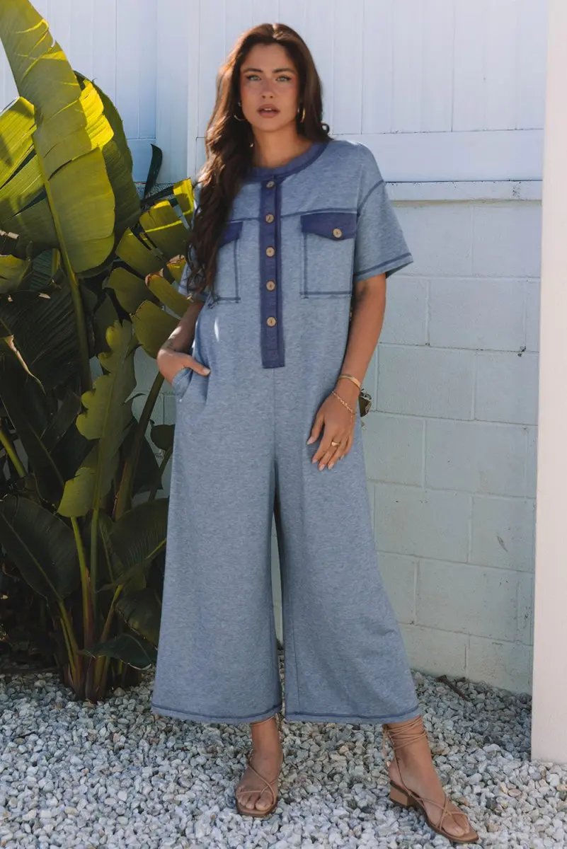 Beau Blue Half Placket Chest Pockets Short Sleeve Jumpsuit - Love Salve